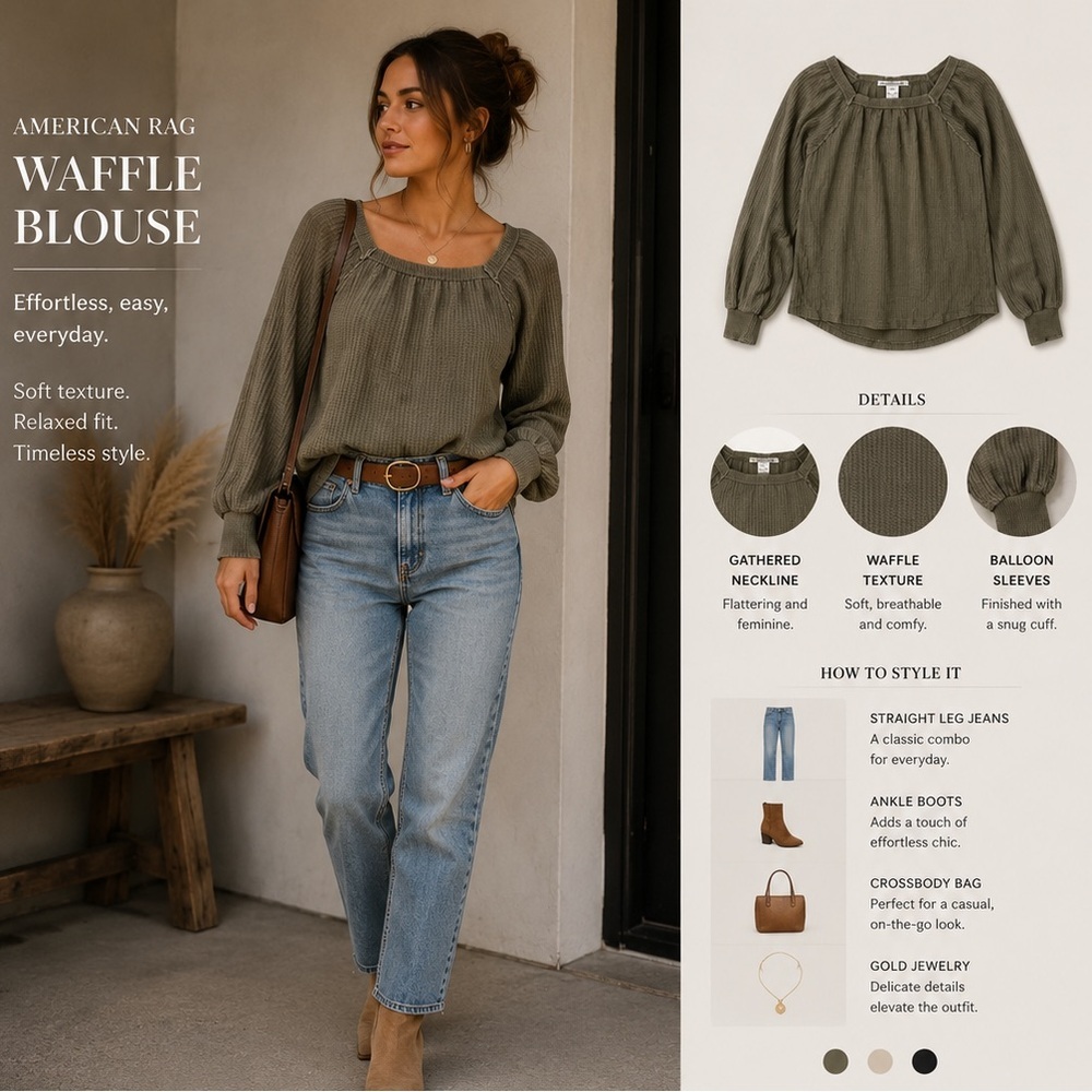 American Rag Olive Waffle-Texture Balloon Sleeve Blouse